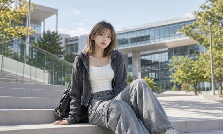 Acubi university outfit with grey zip hoodie, white fitted tank, loose grey cargo jeans, chunky white sneakers, black shoulder bag, silver jewelry, and modern campus styling