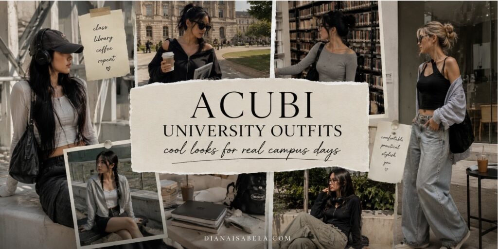 Acubi university outfit ideas with fitted tops, loose jeans, cargo pants, hoodies, cardigans, practical bags, headphones, chunky sneakers, and modern campus styling