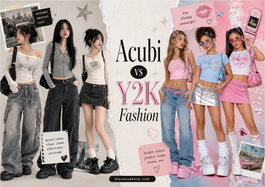 Acubi vs Y2K fashion collage comparing muted Acubi outfits with grey cargos, black bags, chunky shoes, and silver jewelry against bright Y2K outfits with pink colors, shiny accessories, mini skirts, and playful styling