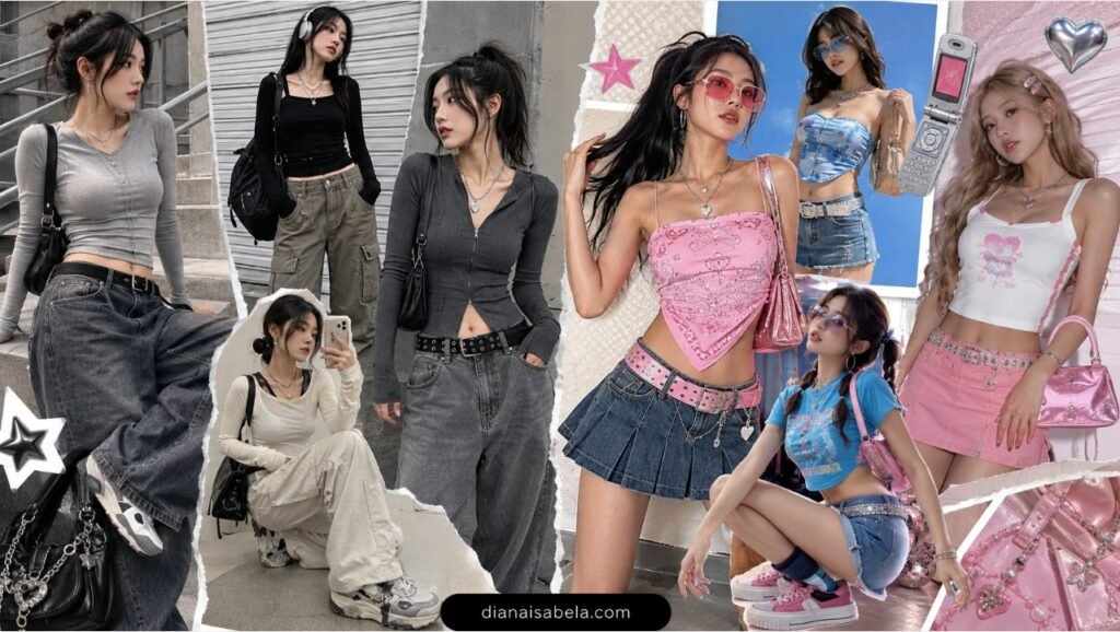 Acubi vs Y2K fashion collage comparing muted Acubi streetwear outfits with grey tops, baggy denim, cargos, black bags, and silver jewelry against bright Y2K outfits with pink and blue tops, mini skirts, shiny bags, platform sneakers, and playful accessories