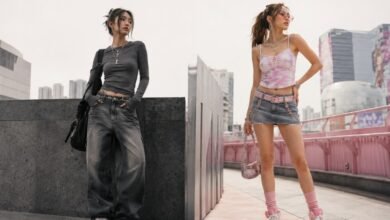 Two women showing Acubi vs Y2K fashion differences with muted streetwear outfit and pink Y2K-inspired outfit