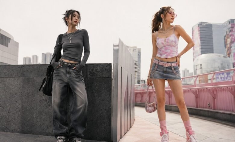 Two women showing Acubi vs Y2K fashion differences with muted streetwear outfit and pink Y2K-inspired outfit