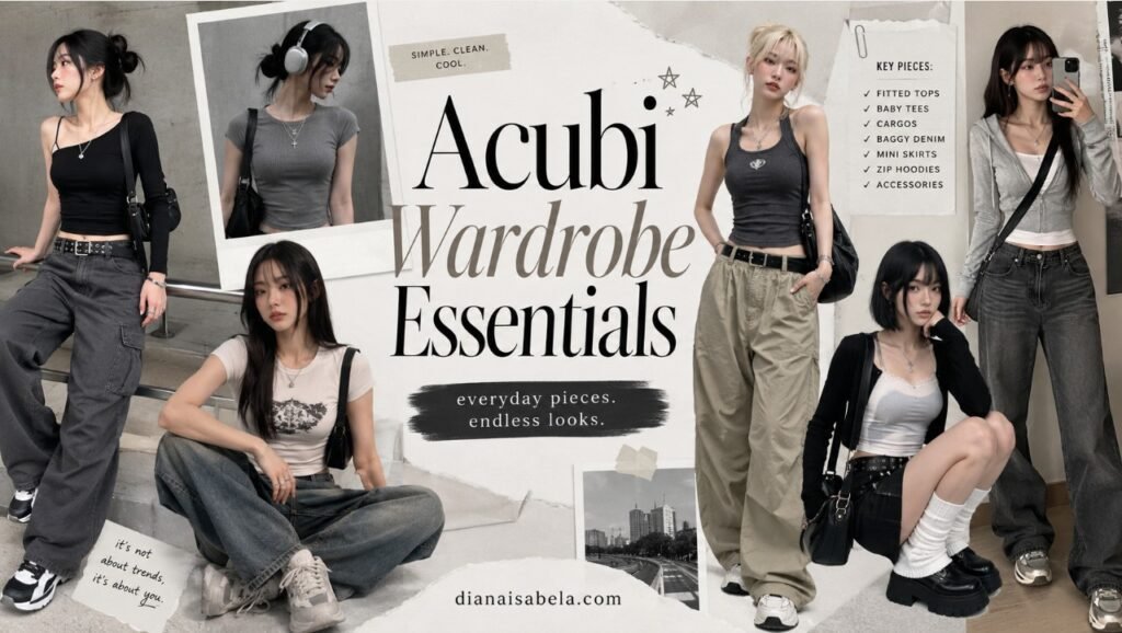 Acubi wardrobe essentials collage with women wearing fitted tops, baby tees, cargo pants, baggy denim, mini skirts, zip hoodies, chunky shoes, shoulder bags, and silver jewelry