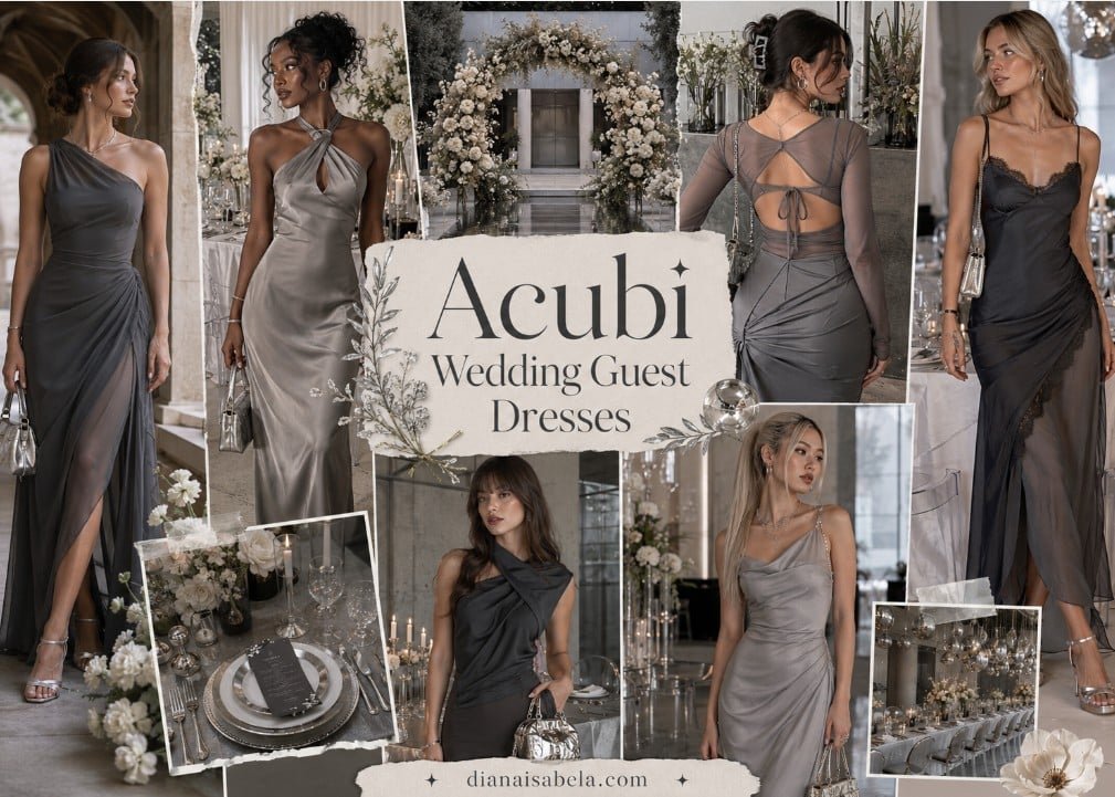 Acubi Wedding Guest Dresses: Cool-Girl Wedding Style Without Losing the Aesthetic 3 Acubi wedding guest dresses collage with diverse women wearing grey, charcoal, silver, and black asymmetrical dresses, satin gowns, sheer layers, metallic bags, silver jewelry, and modern wedding decor