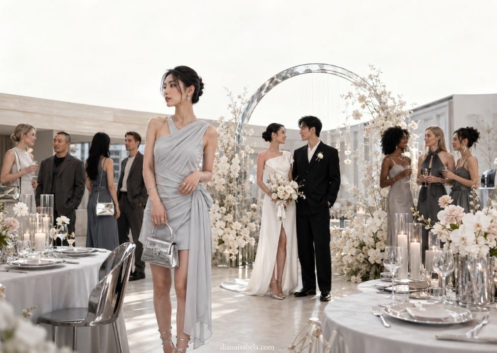 Acubi Wedding Guest Dresses: Cool-Girl Wedding Style Without Losing the Aesthetic 4 Acubi wedding guest style with a fashionable guest in an asymmetrical grey dress, silver accessories, metallic bag, and modern wedding reception decor