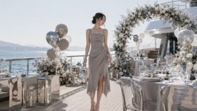 Acubi wedding guest on a private yacht wearing a grey asymmetrical dress with silver jewelry, metallic mini bag, sleek heels, chrome decor, floral arch, and silver balloons