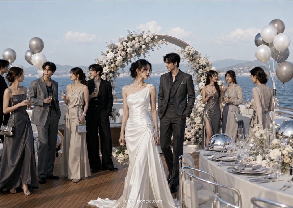 Acubi wedding guest on a private yacht wearing a grey asymmetrical dress with silver jewelry, metallic mini bag, sleek heels, chrome decor, floral arch, and silver balloons