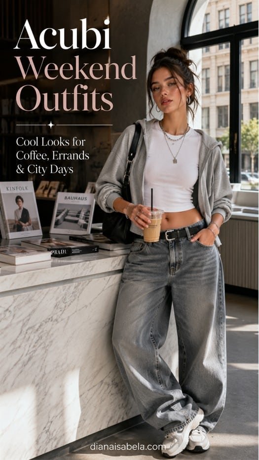 Acubi weekend outfit with grey zip hoodie, white fitted top, loose grey jeans, chunky sneakers, black shoulder bag, layered chain necklaces, bracelets, rings, and city cafe styling