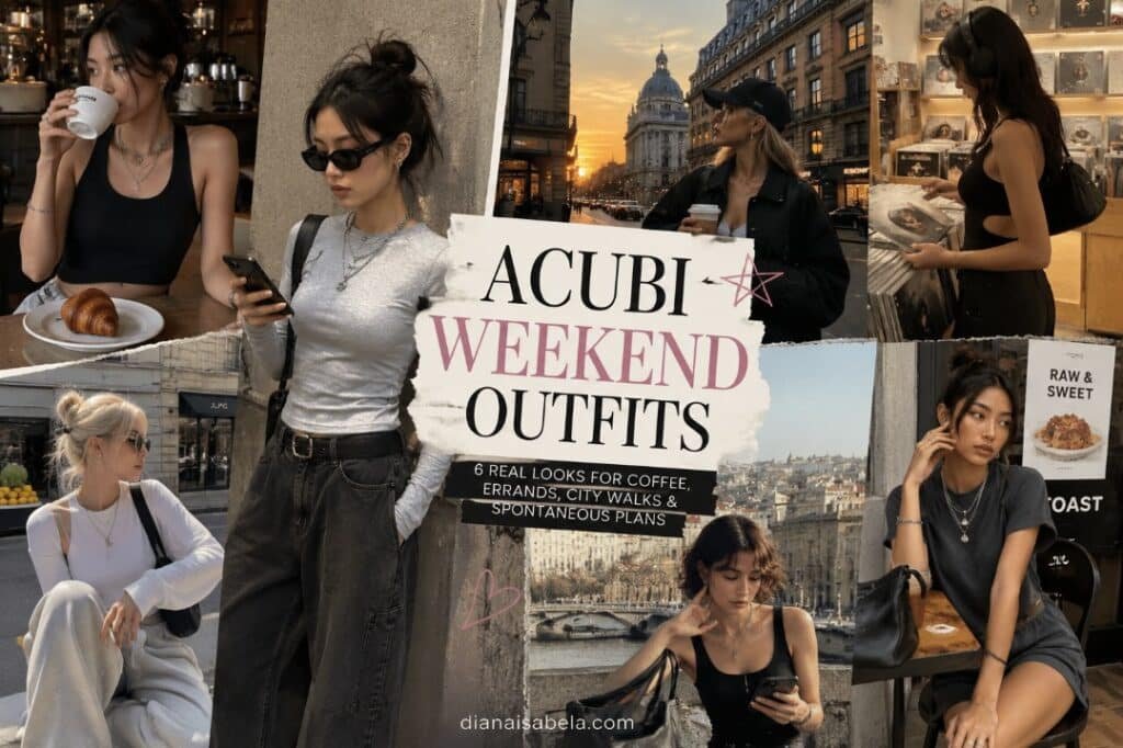 Acubi weekend outfit ideas with fitted tops, baggy jeans, cargos, relaxed jackets, black shoulder bags, layered chain necklaces, bracelets, rings, coffee looks, record store style, and city walk outfits