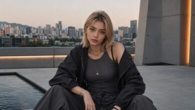 Acubi weekend outfit with dark oversized jacket, fitted charcoal top, loose grey jeans, layered chain necklaces, bracelets, rings, and modern city sunset styling