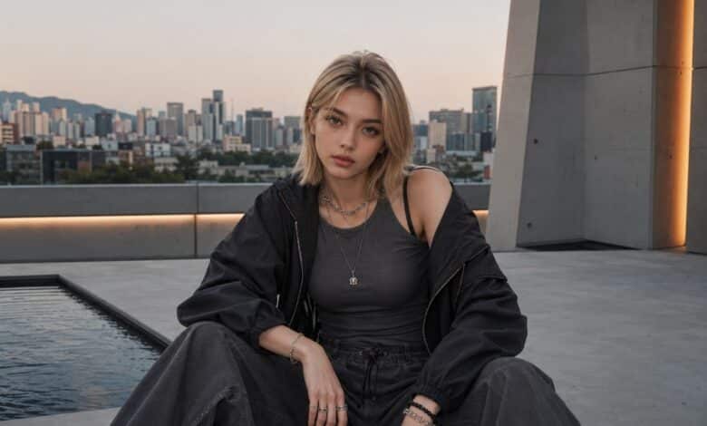 Acubi weekend outfit with dark oversized jacket, fitted charcoal top, loose grey jeans, layered chain necklaces, bracelets, rings, and modern city sunset styling