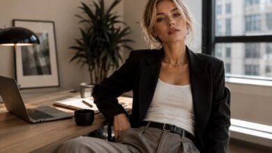 Acubi work outfit with black oversized blazer, white fitted tank, taupe wide trousers, black belt, silver jewelry, and modern office styling