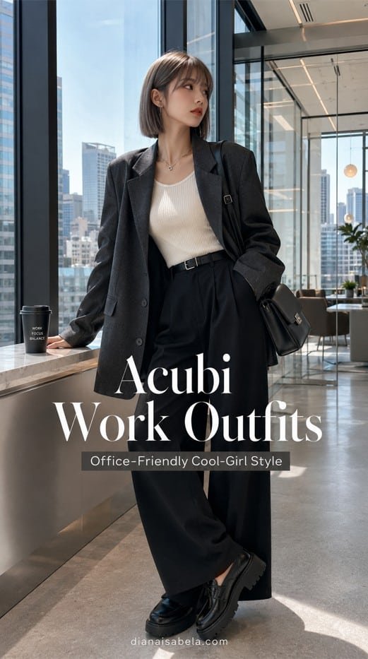 Acubi work outfit with oversized charcoal blazer, cream fitted top, black wide trousers, chunky loafers, black shoulder bag, silver jewelry, and modern office styling
