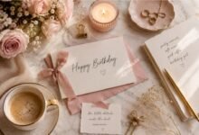 Soft aesthetic birthday notes flat lay with roses, candle, coffee, handwritten card, ribbon, and elegant stationery
