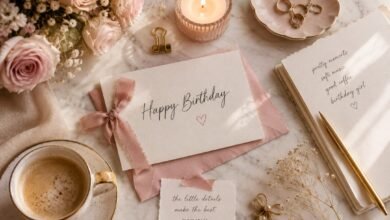 Soft aesthetic birthday notes flat lay with roses, candle, coffee, handwritten card, ribbon, and elegant stationery