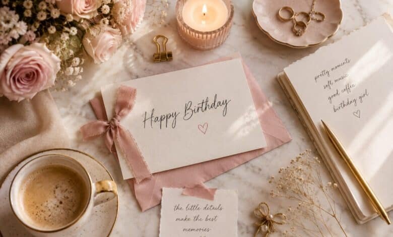 Soft aesthetic birthday notes flat lay with roses, candle, coffee, handwritten card, ribbon, and elegant stationery