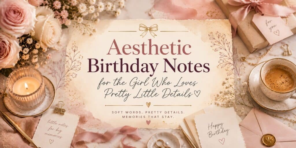 Aesthetic Birthday Notes for the Girl Who Loves Pretty Little Details 2 Wide aesthetic birthday notes banner with centered title text, roses, candle, coffee, ribbon, stationery, and soft pastel birthday details