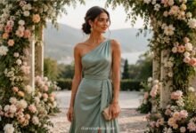 April wedding guest dress in sage green satin at a spring garden wedding arch