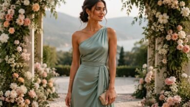 April wedding guest dress in sage green satin at a spring garden wedding arch