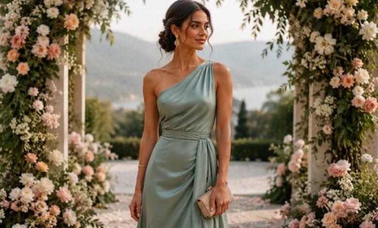 April wedding guest dress in sage green satin at a spring garden wedding arch