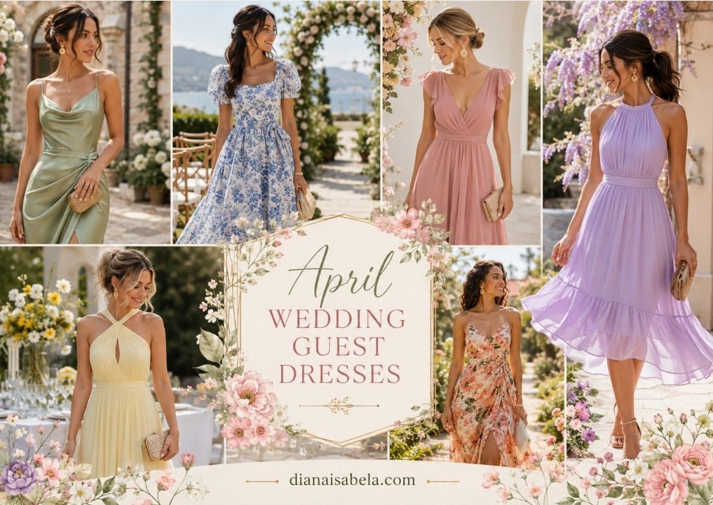 April Wedding Guest Dresses: Chic Spring Outfits for Unpredictable Weather 2 April wedding guest dresses collage with sage satin, blue floral, blush, lilac, butter yellow, and coral spring guest looks