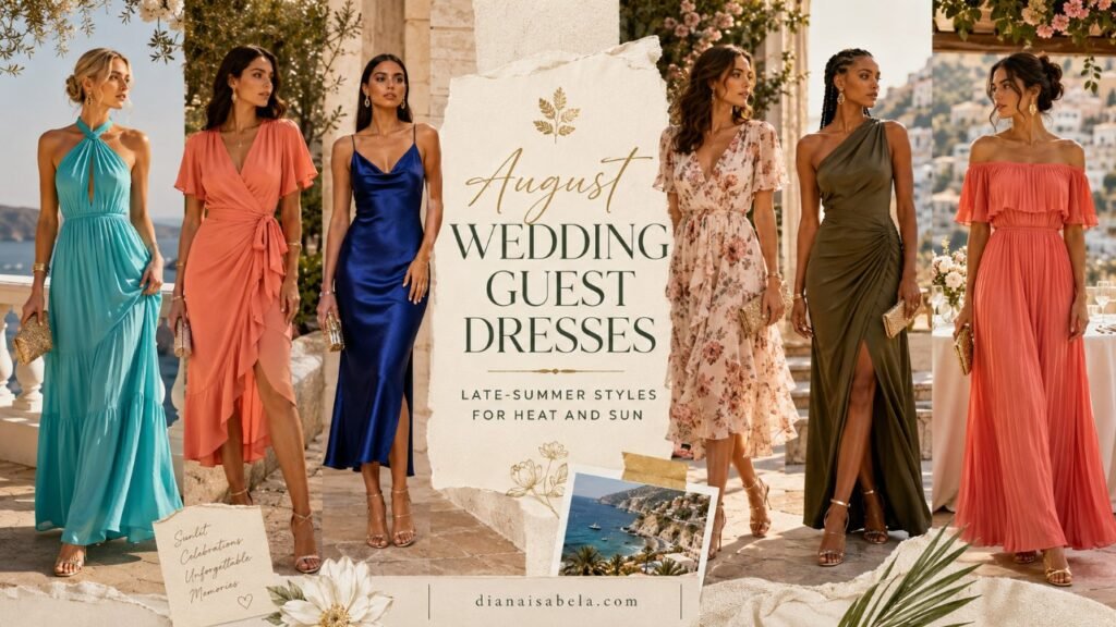 August wedding guest dresses collage banner with different women in turquoise, coral, cobalt, floral, olive, and orange summer dresses