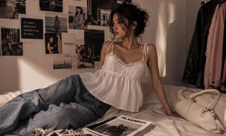 Stylish young woman wearing a white babydoll top with loose jeans, sneakers, silver jewelry, and a cream bag in a softly lit fashion bedroom