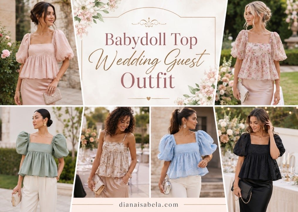 Editorial collage of different women wearing babydoll top wedding guest outfits in garden and outdoor wedding settings