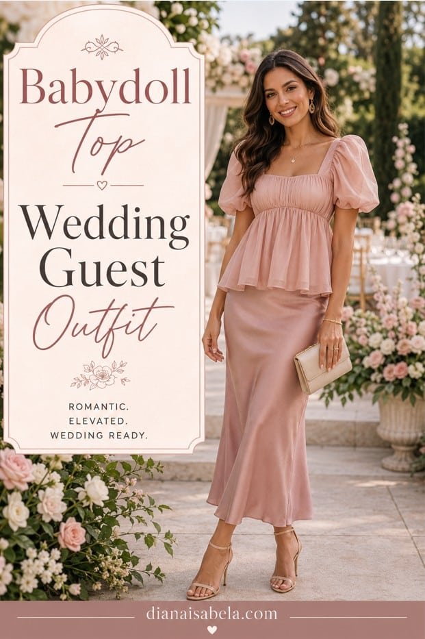 Vertical Pinterest graphic of a woman wearing a blush babydoll top with a satin skirt for a wedding guest outfit
