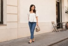 Woman wearing a white babydoll top with straight-leg jeans on a stylish city street