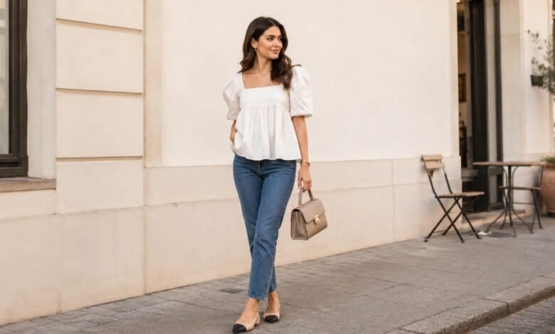 Woman wearing a white babydoll top with straight-leg jeans on a stylish city street