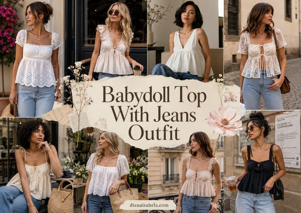 Editorial collage of different women wearing babydoll tops with jeans in modern outfit ideas
