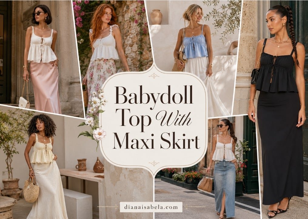 Editorial collage of different women wearing babydoll tops with maxi skirts in stylish outfit ideas
