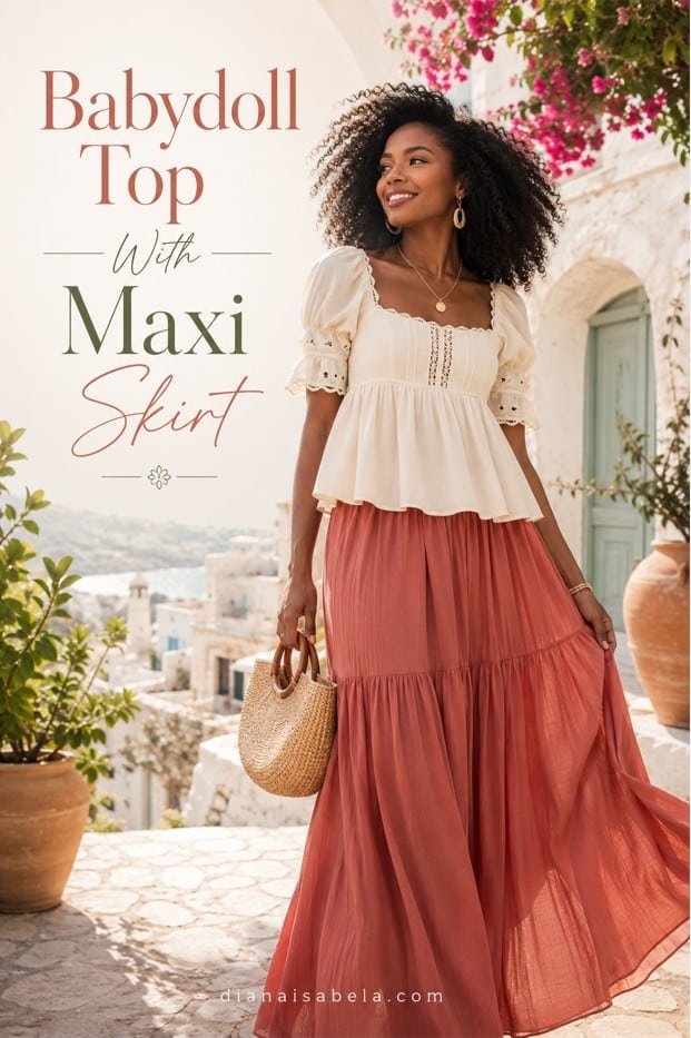 Vertical Pinterest graphic of a woman wearing a cream babydoll top with a coral maxi skirt in a bright summer outfit