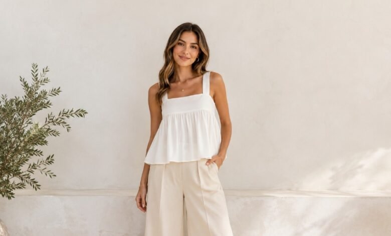 Woman wearing a white babydoll top with cream wide-leg pants in a clean neutral outfit
