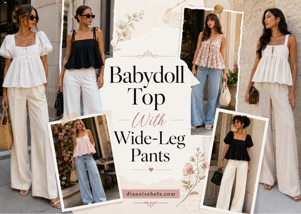 Babydoll Top With Wide-Leg Pants: How to Balance Soft Volume 2 Editorial collage of different women wearing babydoll tops with wide-leg pants in stylish outfit ideas