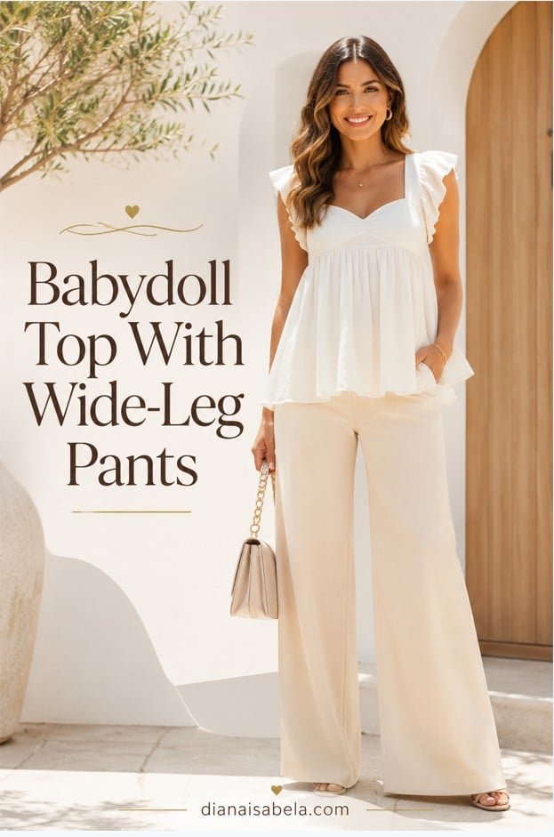 Babydoll Top With Wide-Leg Pants: How to Balance Soft Volume 3 Vertical Pinterest graphic of a woman wearing a white babydoll top with cream wide-leg pants