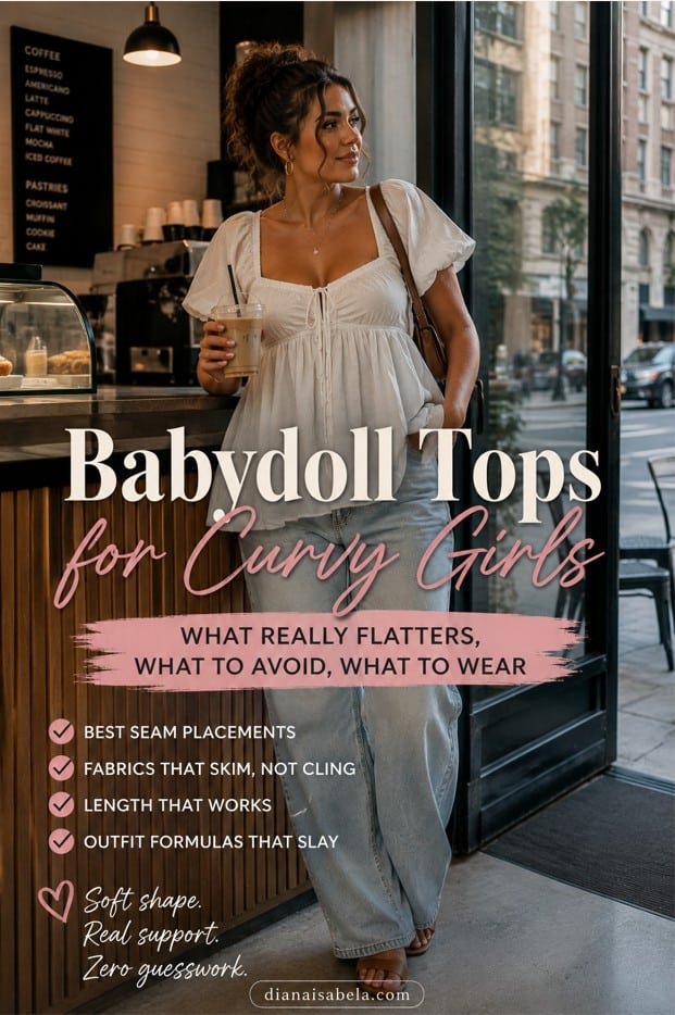 Babydoll Tops for Curvy Girls: How to Make the Soft Shape Look Flattering 3 Babydoll tops for curvy girls styled with a white puff sleeve top, relaxed denim, and modern city café outfit ideas