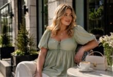 Babydoll tops for curvy girls styled with a soft green puff sleeve top, cream pants, and polished city café outfit details