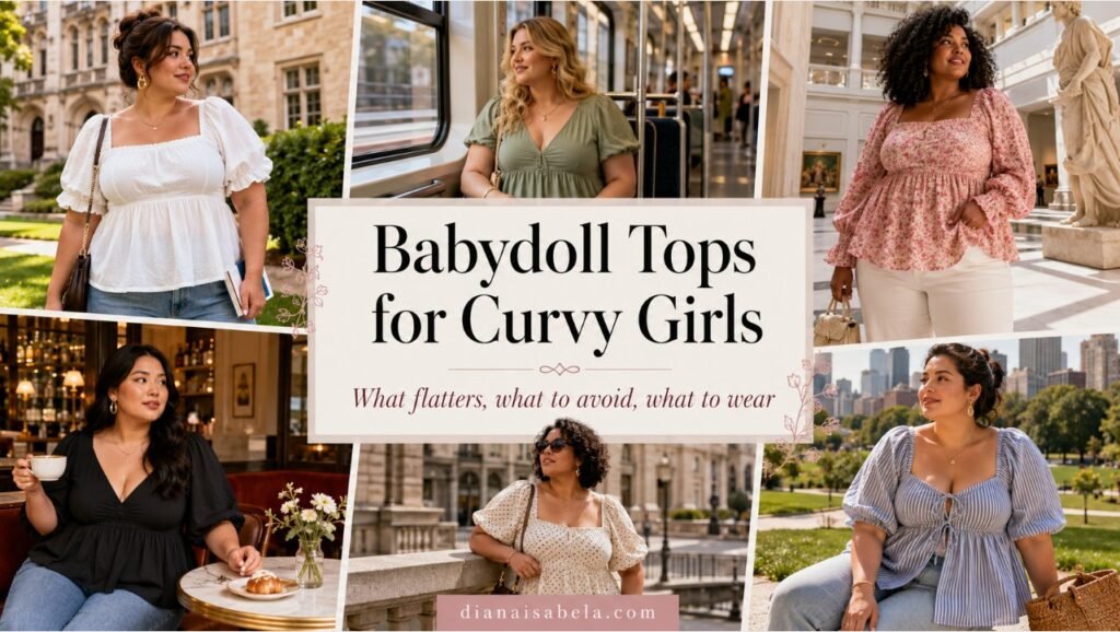 Babydoll Tops for Curvy Girls: How to Make the Soft Shape Look Flattering 2 Babydoll tops for curvy girls shown through different outfits with flattering seams, soft fabrics, denim, trousers, and city styling ideas
