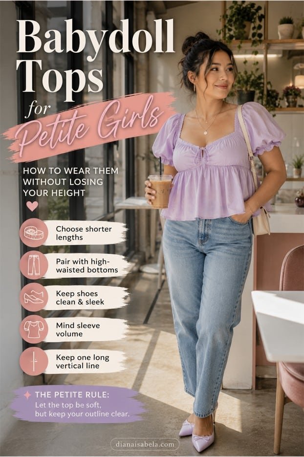 Babydoll Tops for Petite Girls: How to Wear the Shape Without Losing Your Height 3 Babydoll tops for petite girls styled with a lavender puff sleeve top, high-waisted jeans, pointed flats, and petite-friendly outfit tips