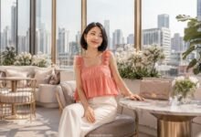 Babydoll tops for petite girls styled with a coral babydoll top, cream pants, clean accessories, and a modern rooftop city outfit