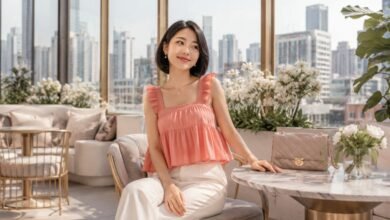 Babydoll tops for petite girls styled with a coral babydoll top, cream pants, clean accessories, and a modern rooftop city outfit