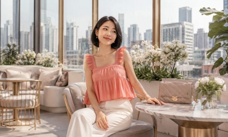 Babydoll tops for petite girls styled with a coral babydoll top, cream pants, clean accessories, and a modern rooftop city outfit