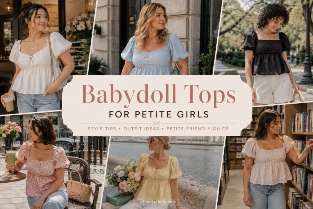 Babydoll Tops for Petite Girls: How to Wear the Shape Without Losing Your Height 2 Babydoll tops for petite girls shown through different outfit ideas with shorter tops, high-waisted denim, clean shoes, and petite-friendly proportions