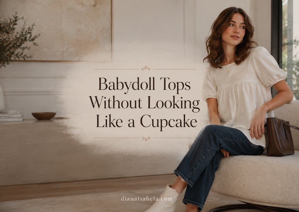 Babydoll Tops Without Looking Like a Cupcake 2 Editorial banner for babydoll tops with a stylish woman wearing a white babydoll top, jeans, ankle boots, soft waves, and minimal jewelry