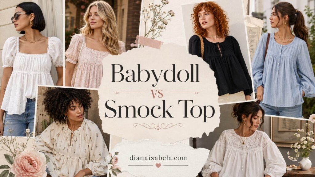 Editorial collage comparing babydoll tops and smock tops on different women with varied styling