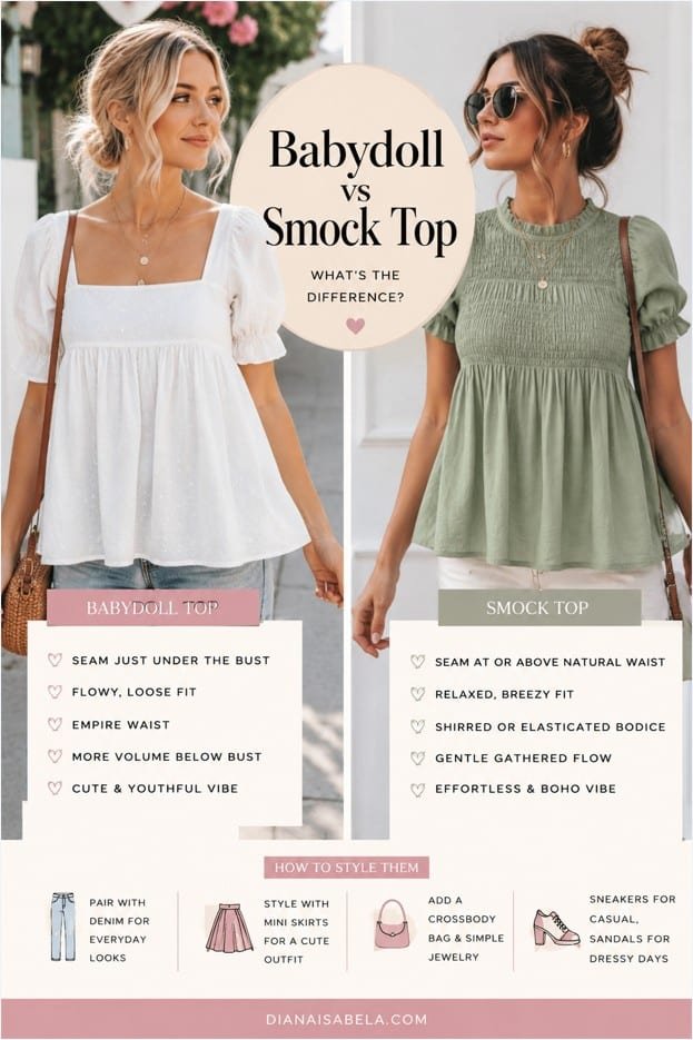 Vertical Pinterest infographic comparing babydoll top and smock top silhouettes with styling differences