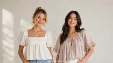 Two women wearing babydoll and smock tops in a clean horizontal fashion comparison portrait