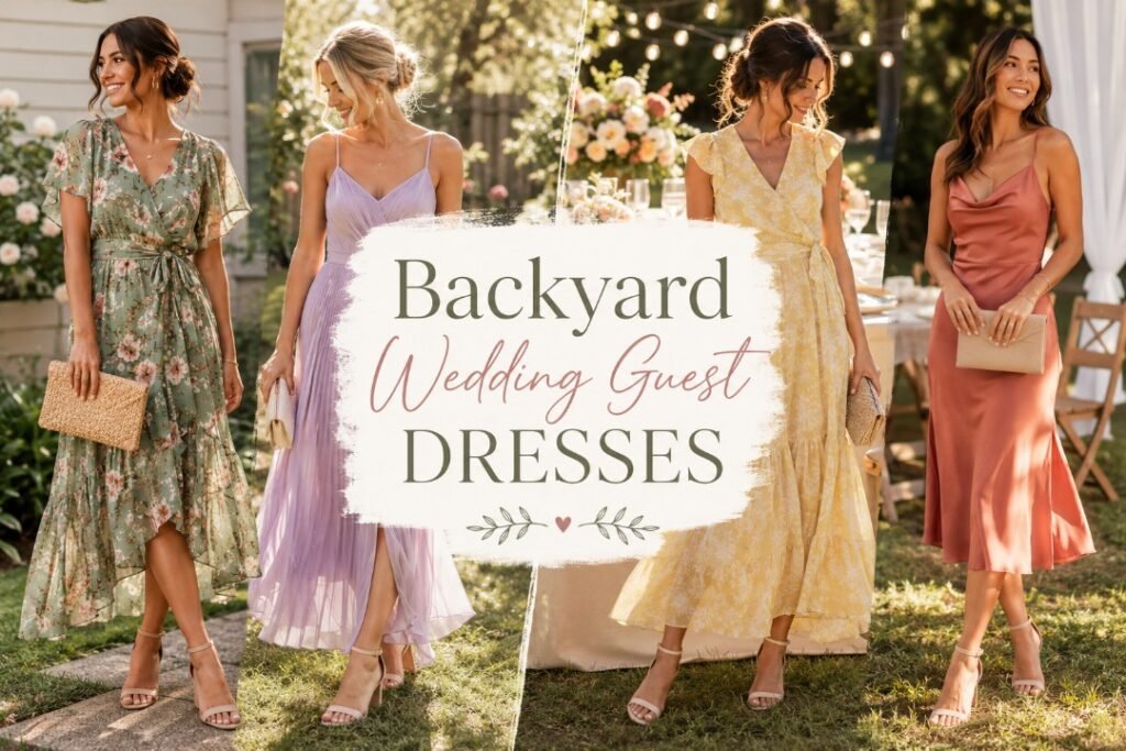 Collage banner with backyard wedding guest dresses featuring different women in floral dresses, pastel dresses, wrap dresses, and slip dresses at a sunlit garden wedding